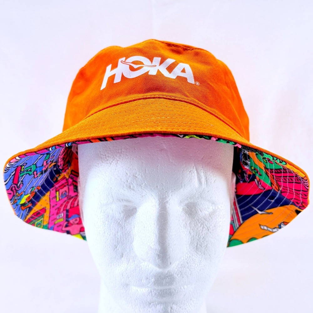 HOKA Bucket Hat Orange Reversible Summer Mile Club Graphic Print Running Hat OS